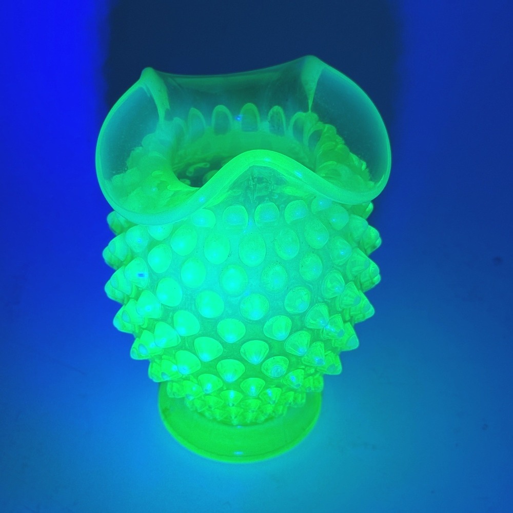 Vtg Fenton Uranium Hobnail Ruffle Vase Green Opalescent 3.5 Inch UV Reactive